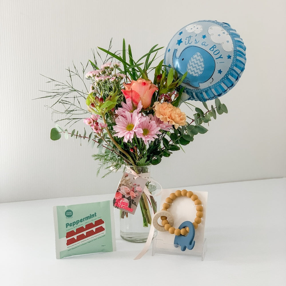 It's A Boy Flowers, Chocolate, Rattle and Balloon Bundle | Bliss & Bloom Studio | Perth Flower Delivery