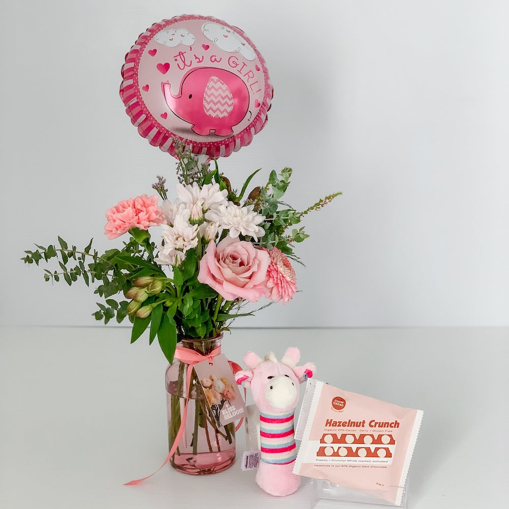 It's A Girl Flowers, Chocolate, Rattle and Balloon Bundle | Bliss & Bloom Studio | Perth Flower Delivery