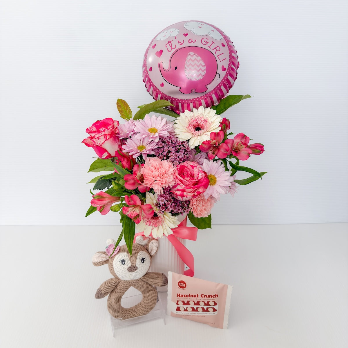 It's A Girl Flowers, Chocolate, Soft Toy Rattle and Balloon Bundle | Bliss & Bloom Studio | Perth Flower Delivery