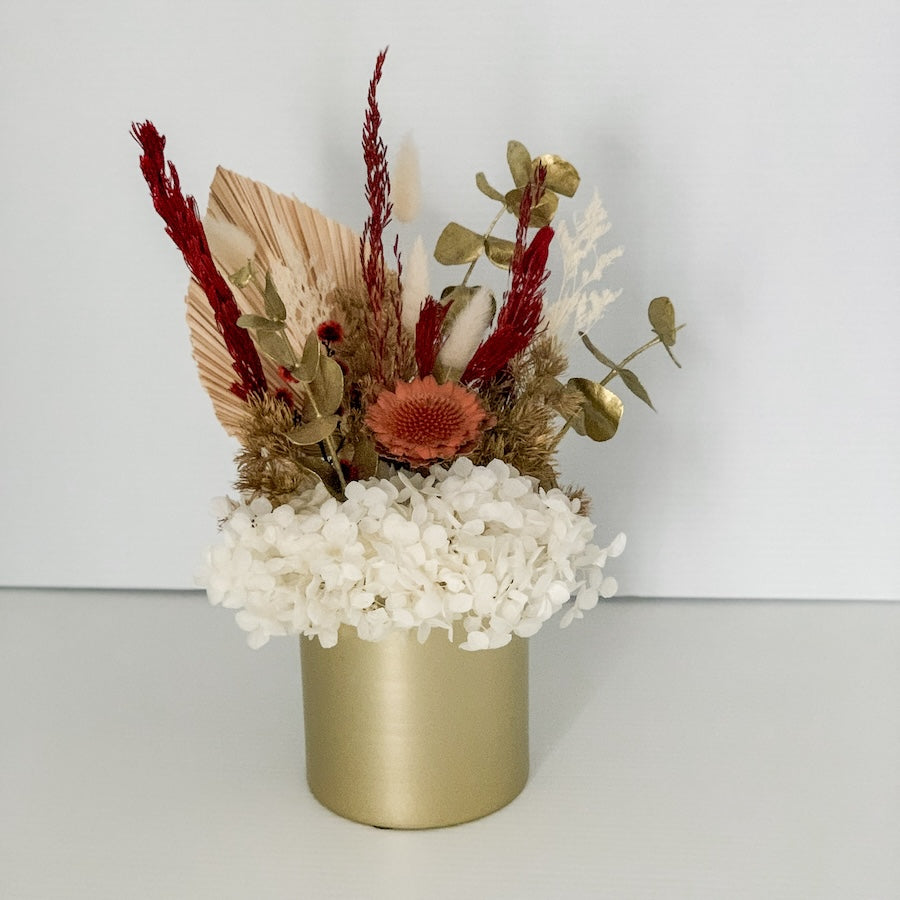 White, burgundy, gold dried flowers in gold pot | Beatrice Dried Flower Arrangement | Perth Delivery