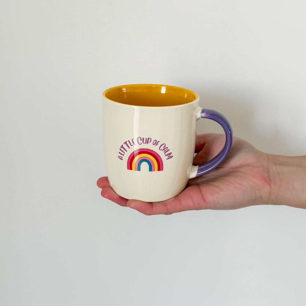 Rainbow ceramic mug with "A Little Cup of Calm" text | Flower Gift Add-On