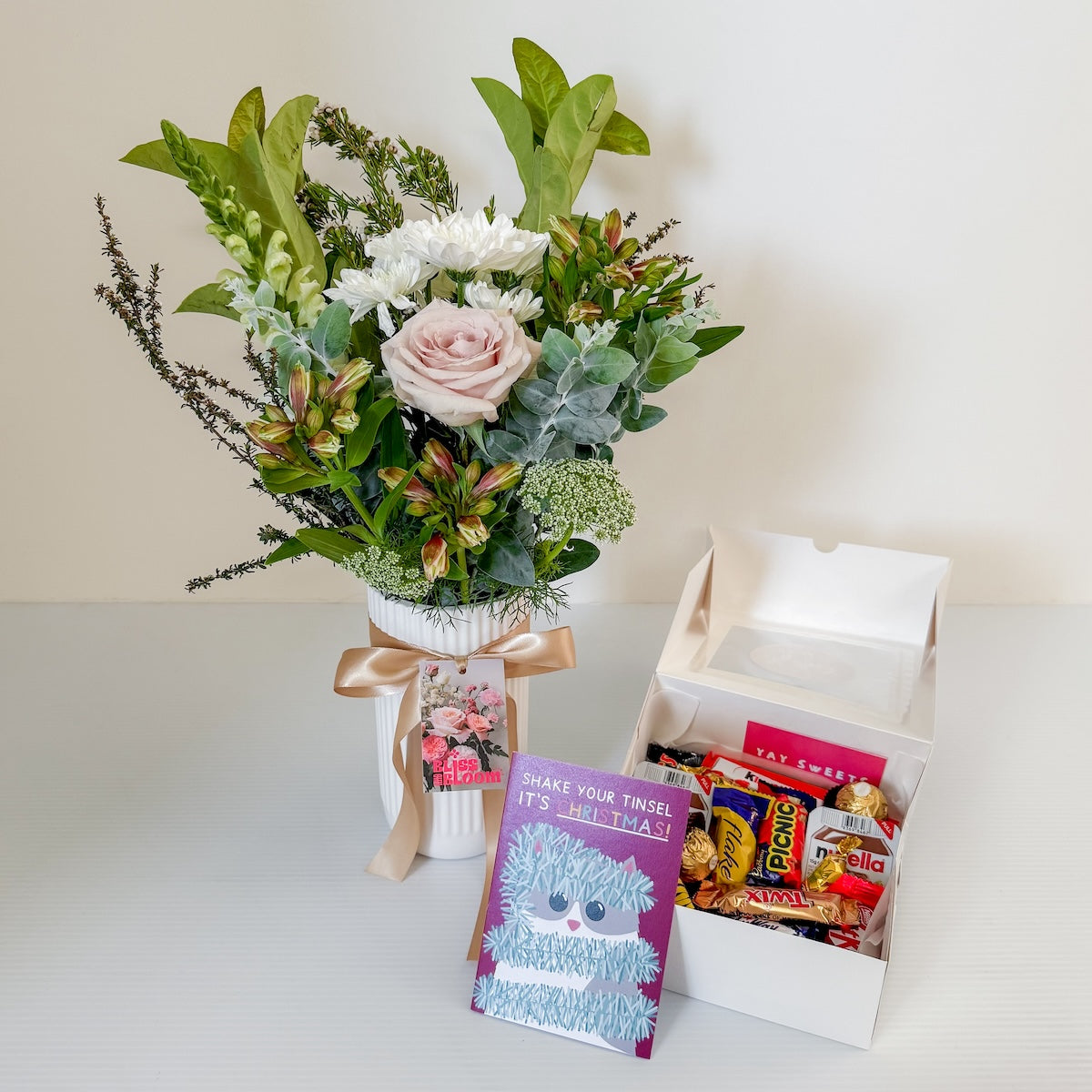 Christmas Flowers Bundle - Classic Whites in Vase, Chocoholics Box, and Christmas Card | Bliss and Bloom Studio Perth Flower Delivery
