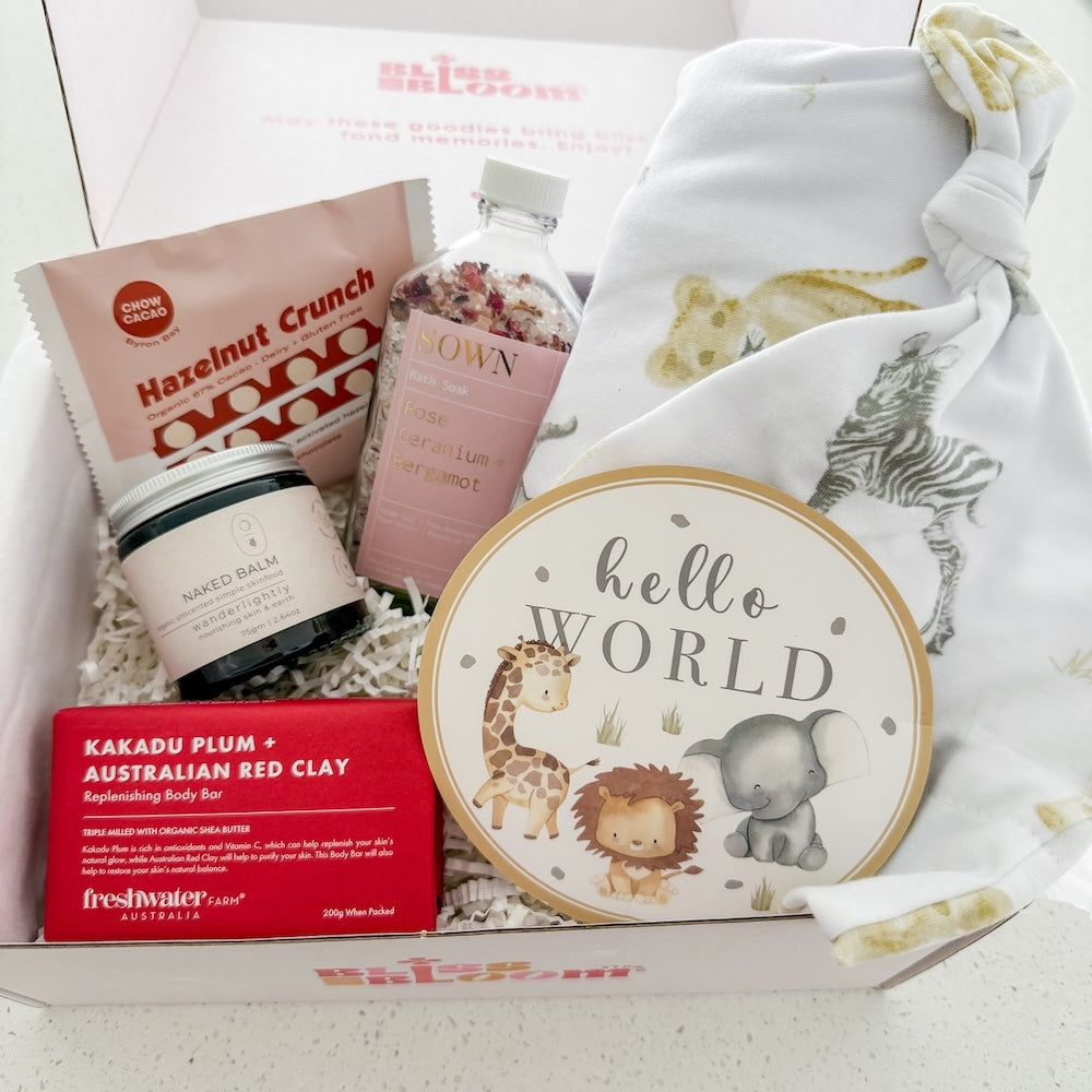Mum and Baby Girl Gift Hamper Filled With Chocolate, Body Bar, Bath Soak, Unscented Moisturiser, Swaddle, Birth Announcement Card, and Beanie Hat For Same-Day Delivery Around Perth