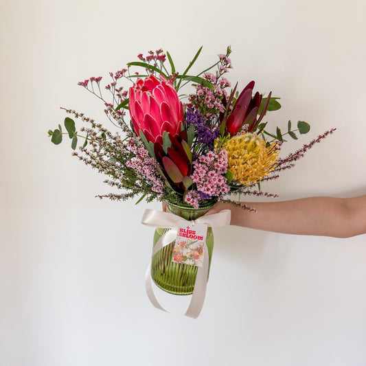 Signature Native Blooms in Green Vase | Perth Florist | Same-Day Native Flower Delivery