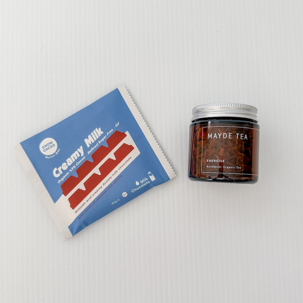 Gift Extras: The Cosy Gift Set - Creamy Milk Chocolate & Energise Loose Leaf Tea | Flower Add-On Bliss & Bloom Studio Perth Florist
