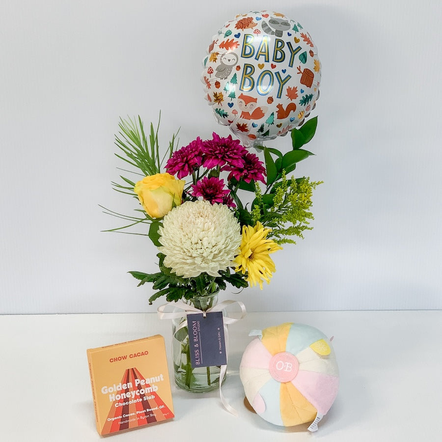 It's A Boy Flowers, Chocolate, Toy and Balloon Bundle | Bliss & Bloom Studio | Perth Flower Delivery