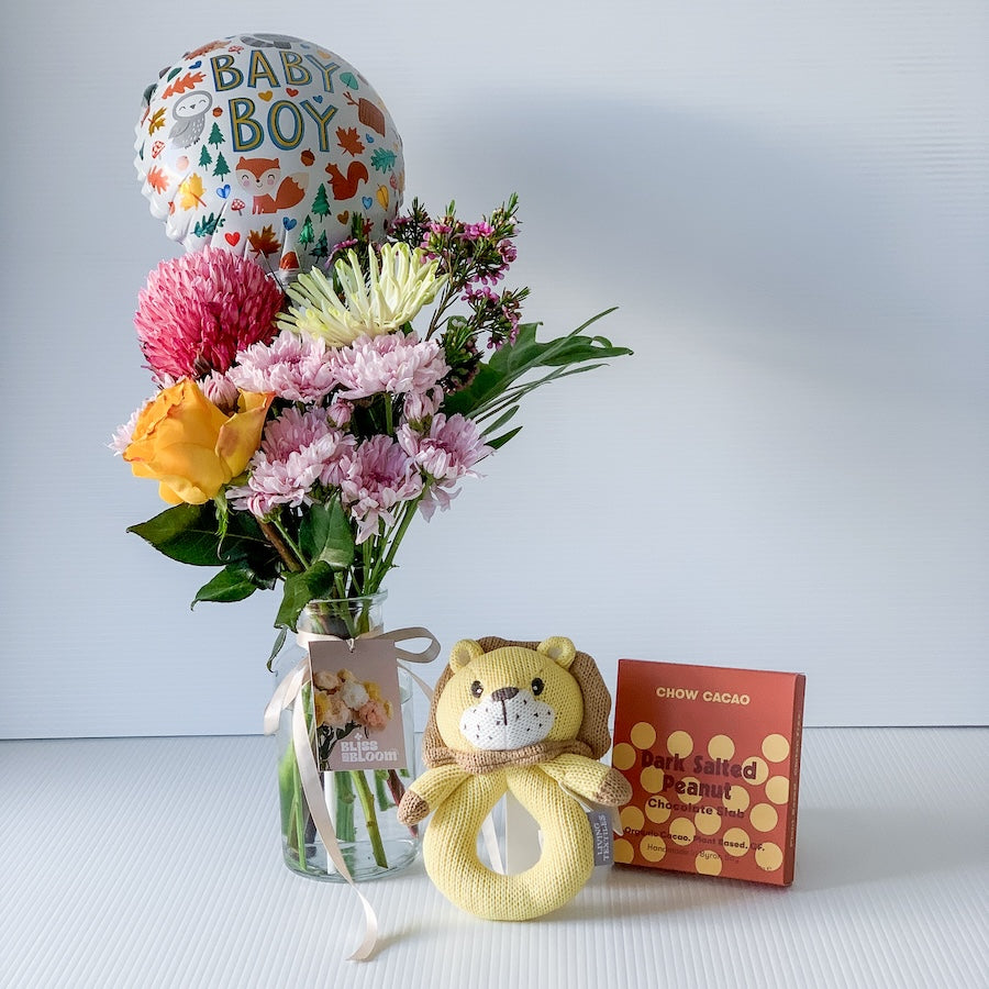 It's A Boy Flowers, Chocolate, Rattle and Balloon Bundle | Bliss & Bloom Studio | Perth Flower Delivery