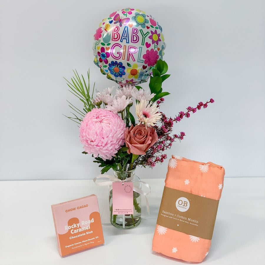 It's A Girl Flowers, Chocolate, Swaddle and Balloon Bundle | Bliss & Bloom Studio | Perth Flower Delivery