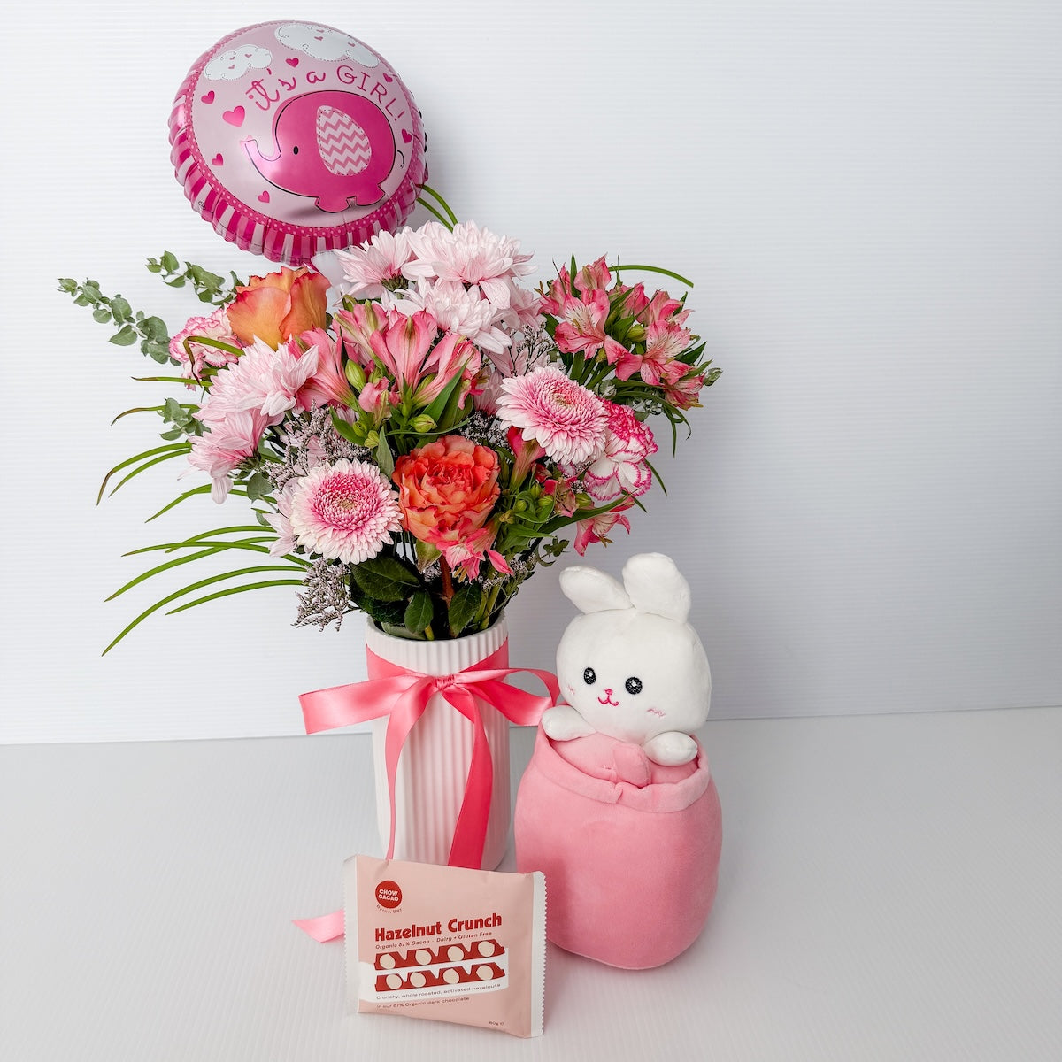 It's A Girl Flowers, Chocolate, Soft Toy and Balloon Bundle | Bliss & Bloom Studio | Perth Flower Delivery