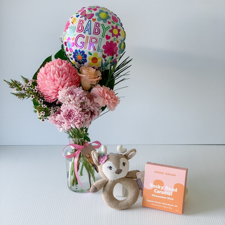 It's A Girl Flowers, Chocolate, Rattle and Balloon Bundle | Bliss & Bloom Studio | Perth Flower Delivery