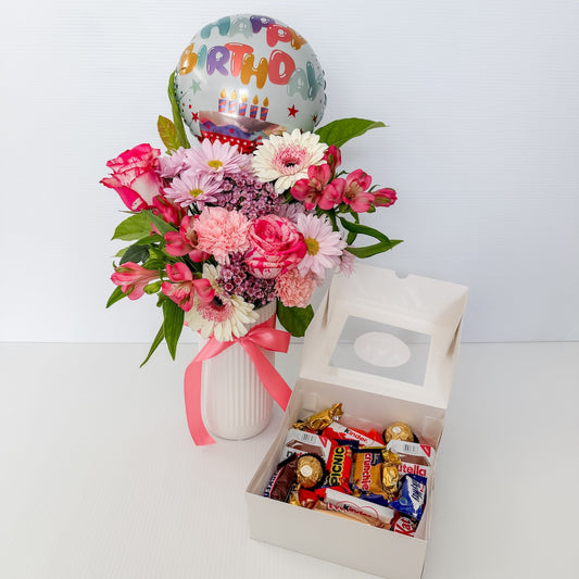 Birthday Flowers (Double Bunch in a Vase), Chocolates and Balloon for Perth Delivery | Bliss & Bloom Studio | Florist + Gift Shop