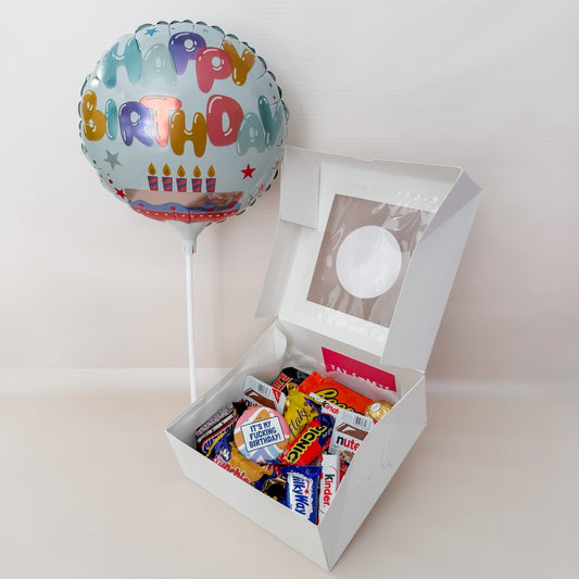Flower add-on: Box of assorted chocolates with a 'Happy Birthday' balloon  and "It's my f*cking birthday!" Birthday Badge | Birthday Sparkle Gift Set | Bliss & Bloom Studio