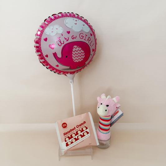 Flower Add-On: Pink "It's a GIRL!" balloon, hazelnut chocolate, and plush rattle | Little Arrival (Girl) Gift Set | Bliss & Bloom Studio