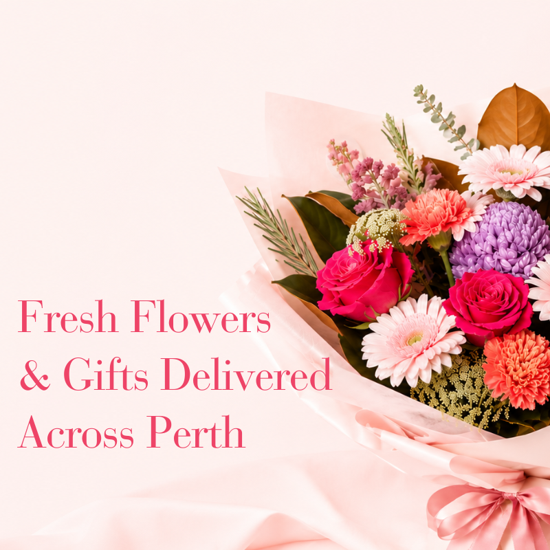 A bouquet of fresh multicolor flowers wrapped in pale pink paper, with pink text on the left reading 'Fresh Flowers & Gifts Delivered Across Perth' on a soft pink background.