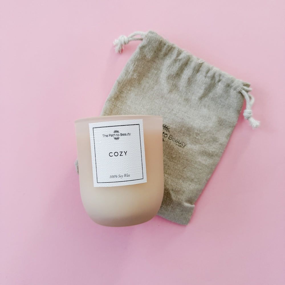 100% soy wax candle labeled 'Cozy' with a drawstring pouch | Flower Gift Add-On | Perth Delivery