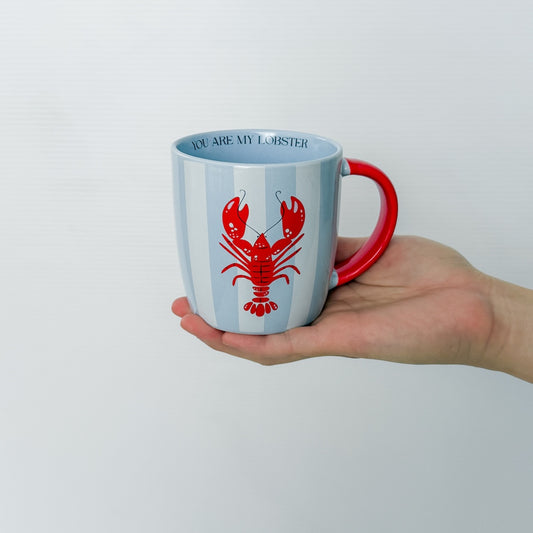 Blue and white striped mug with red lobster design and 'You Are My Lobster' text