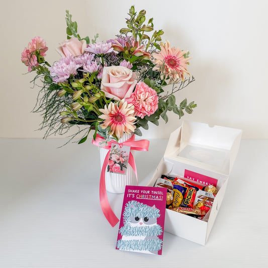 Christmas Flowers Bundle - Double Bunch in Vase, Chocoholics Box, and Christmas Card | Bliss and Bloom Studio Perth Flower Delivery