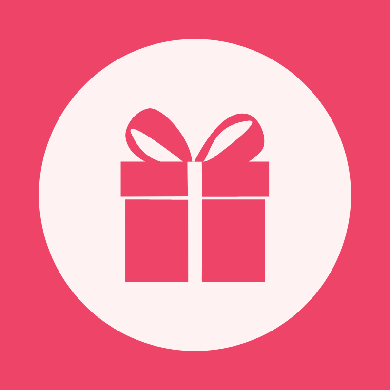 A minimalist pink gift box icon with a bow, centered inside a large white circle on a solid pink background.