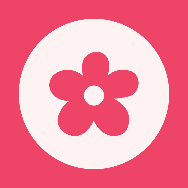 A minimalist graphic featuring a pink five-petal flower centered inside a large white circle, set against a solid pink background.