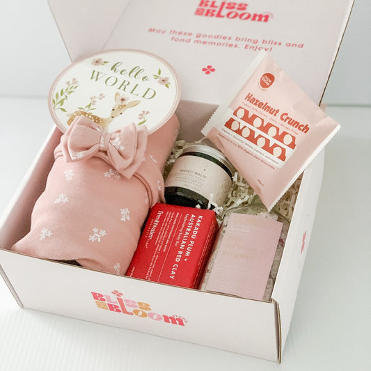 Mum and Baby Girl Gift Hamper Filled With Nursing Tea, Chocolate, Body Bar, Swaddle, Birth Announcement Card, Headband, and Silicone Teether For Same-Day Delivery Around Perth