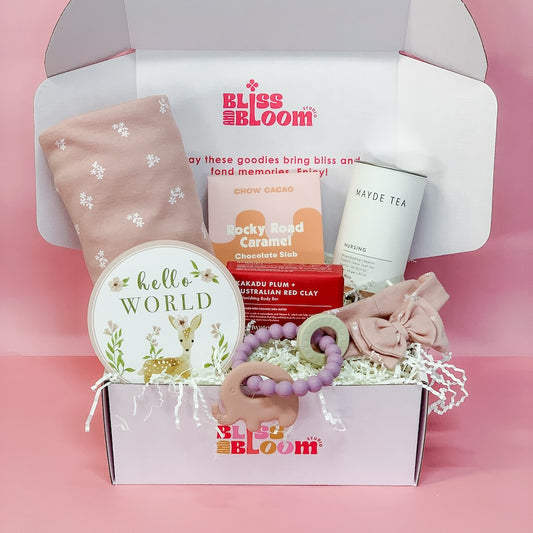 Mum and Baby Girl Gift Hamper Filled With Nursing Tea, Chocolate, Body Bar, Swaddle, Birth Announcement Card, Headband, and Silicone Teether For Same-Day Delivery Around Perth