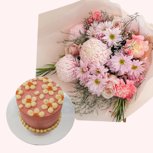 Pink bouquet and Vanilla cake with floral design | Perth delivery