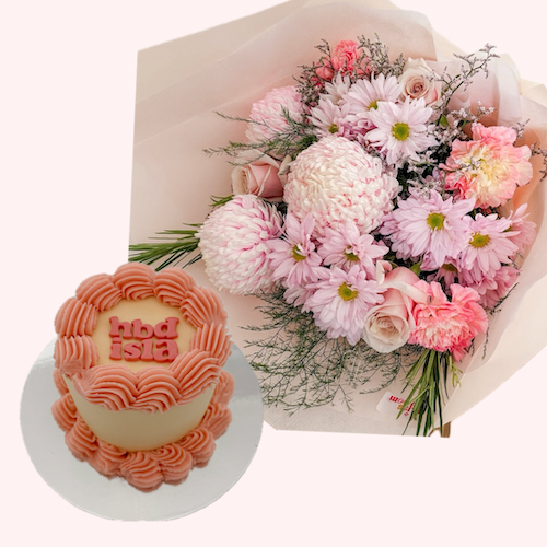 Flowers and Custom Retro Cake Bundle