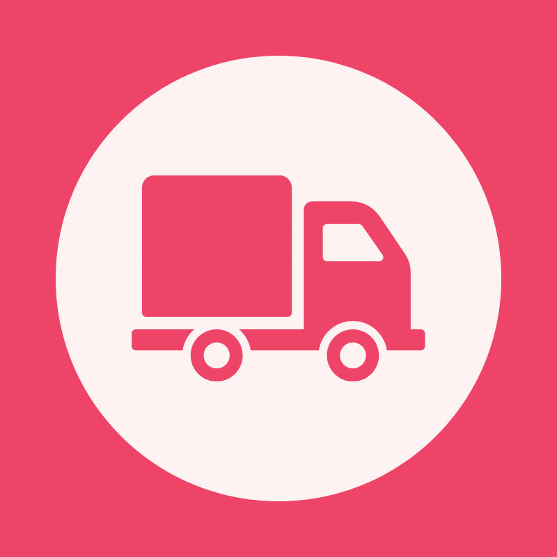 A pink circular icon containing a pink delivery truck silhouette on a white background.