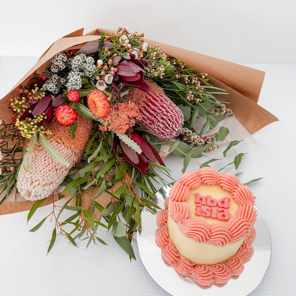 Flowers and Custom Retro Cake Bundle
