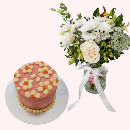 Small White Blooms in Vase and Floral Cake - Perth delivery