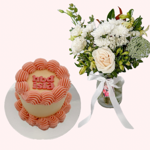 Flowers and Custom Retro Cake Bundle