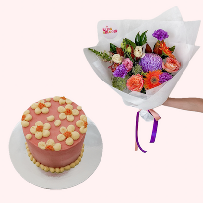 Vivid Bouquet of Flowers and Cake with Floral Design - Perth delivery