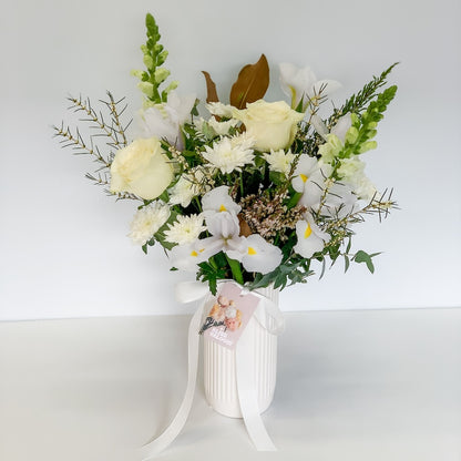 Sympathy Flowers Vase Arrangement (Signature) | White & Pastel Blooms | Bliss & Bloom Studio