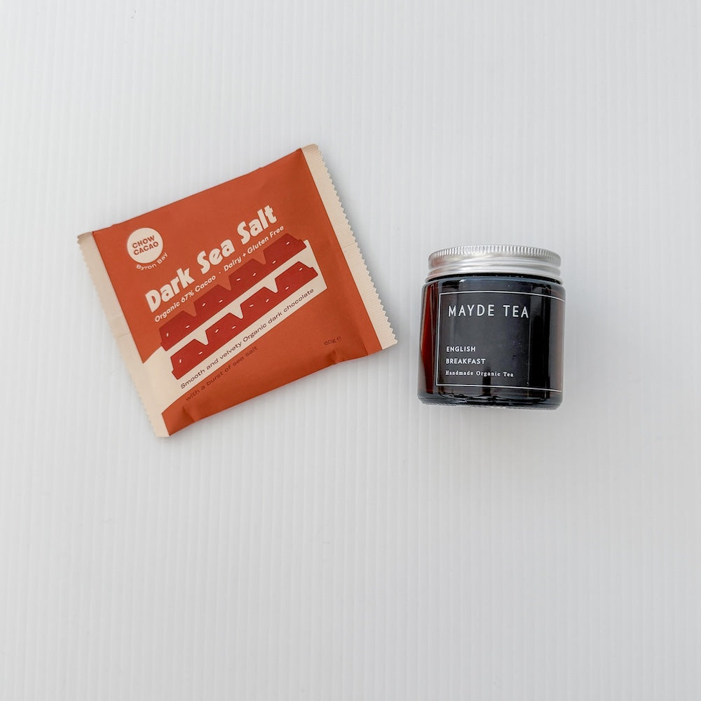 Gift Extras: The Cosy Gift Set - Dark Sea Salt Chocolate & English Breakfast Loose Leaf Tea | Flower Add-On Bliss & Bloom Studio Perth Florist
